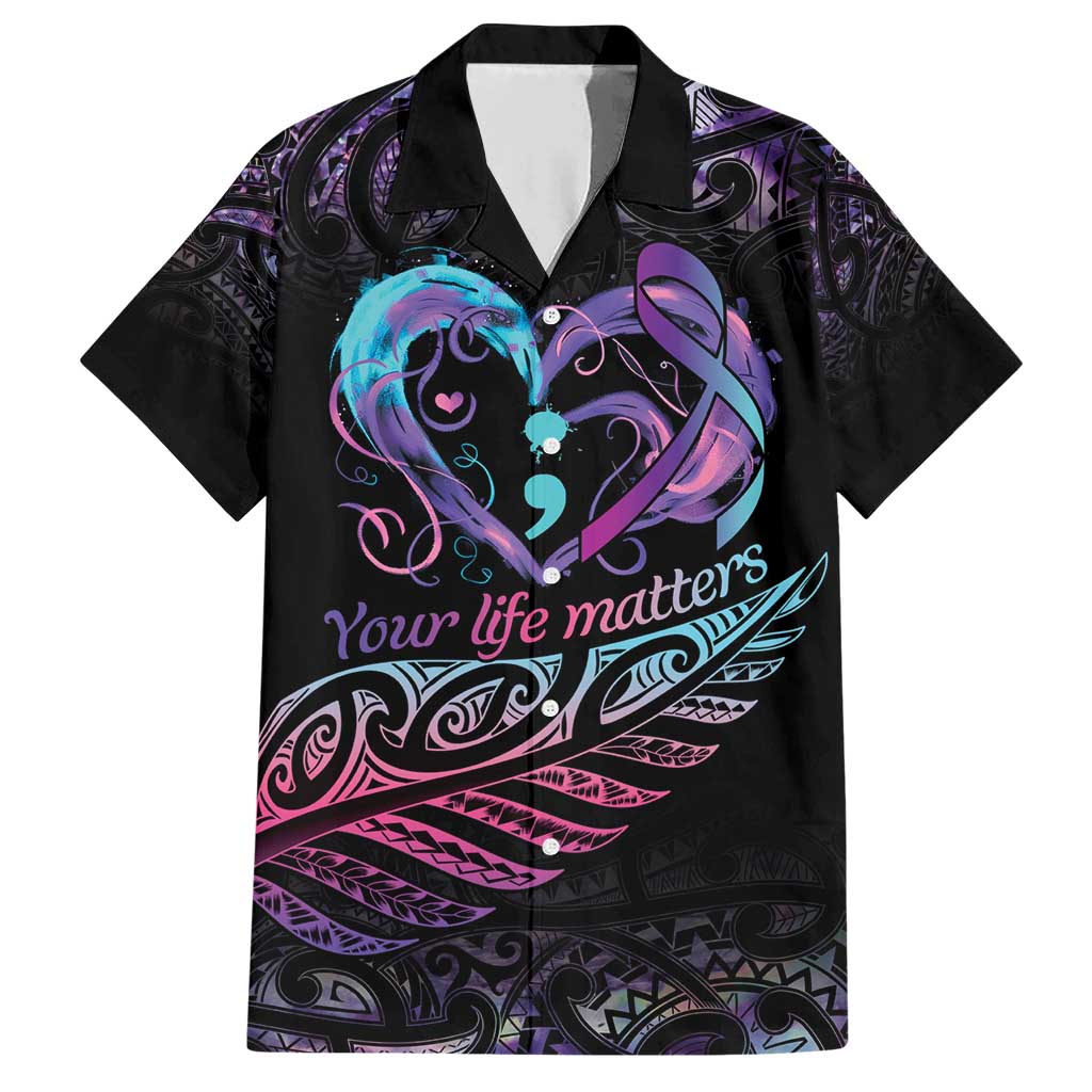 Personalised Your Life Matters Family Matching Short Sleeve Bodycon Dress and Hawaiian Shirt Suicide Prevention Awareness Semicolon Heart LT9 Dad's Shirt - Short Sleeve Black - Polynesian Pride