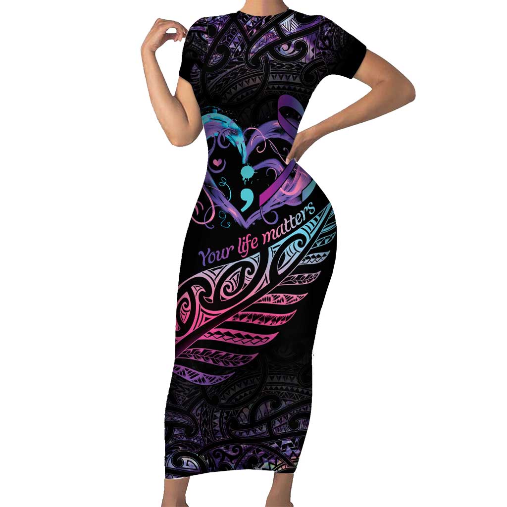 Personalised Your Life Matters Family Matching Short Sleeve Bodycon Dress and Hawaiian Shirt Suicide Prevention Awareness Semicolon Heart LT9 Mom's Dress Black - Polynesian Pride