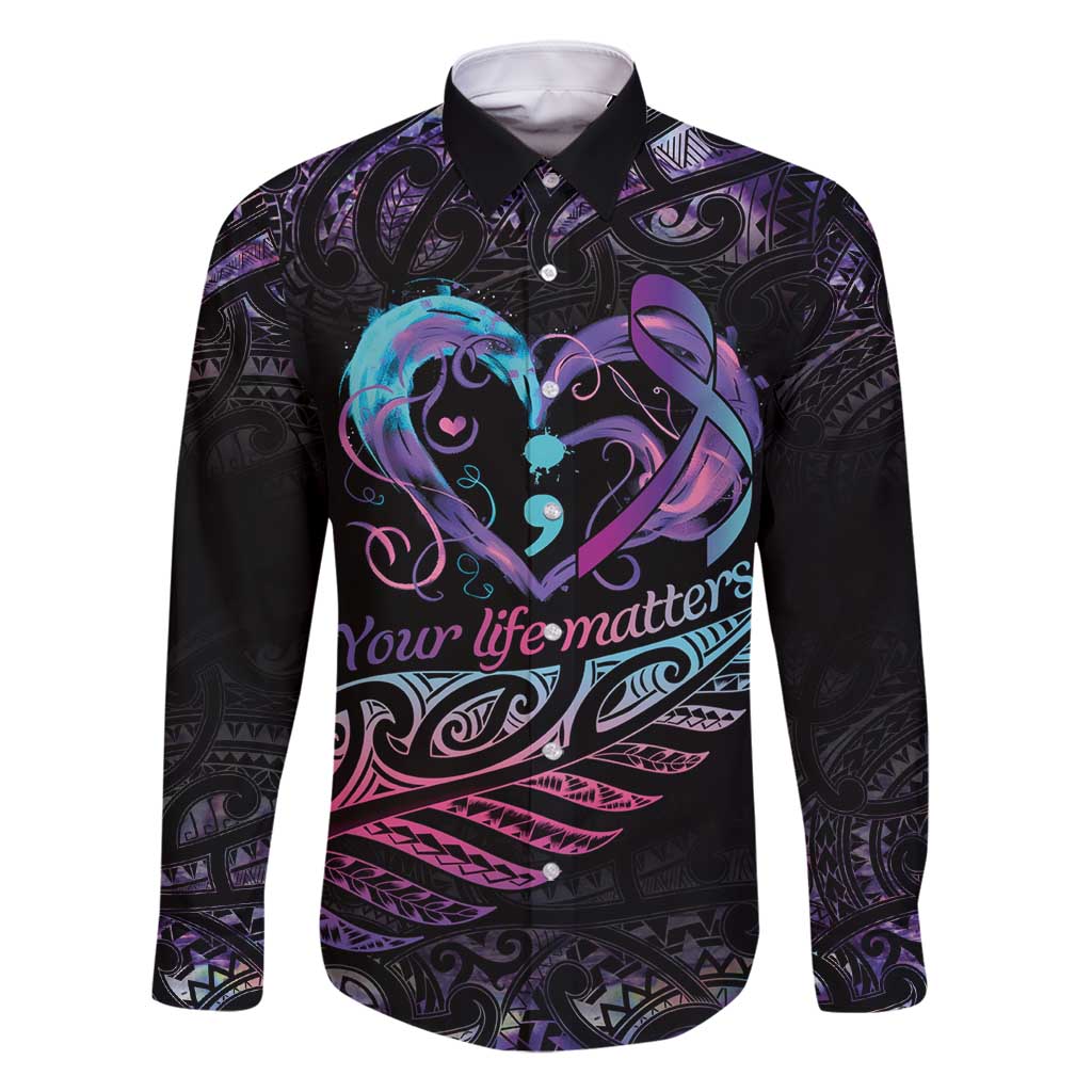 Personalised Your Life Matters Family Matching Summer Maxi Dress and Hawaiian Shirt Suicide Prevention Awareness Semicolon Heart LT9 Dad's Shirt - Long Sleeve Black - Polynesian Pride