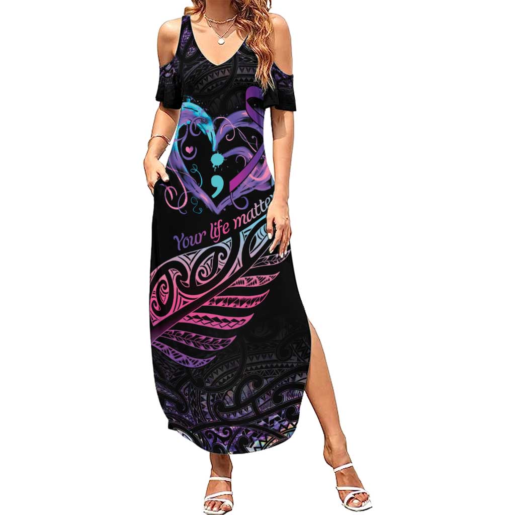 Personalised Your Life Matters Family Matching Summer Maxi Dress and Hawaiian Shirt Suicide Prevention Awareness Semicolon Heart LT9 Mom's Dress Black - Polynesian Pride