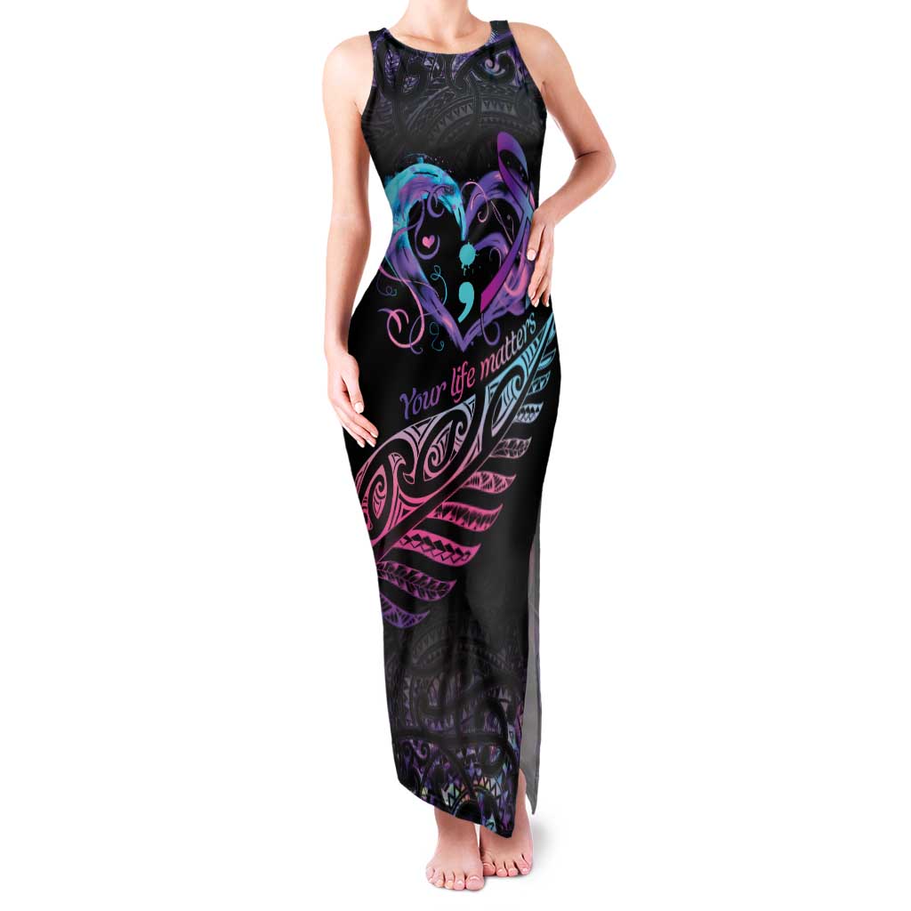 Personalised Your Life Matters Family Matching Tank Maxi Dress and Hawaiian Shirt Suicide Prevention Awareness Semicolon Heart LT9 Mom's Dress Black - Polynesian Pride