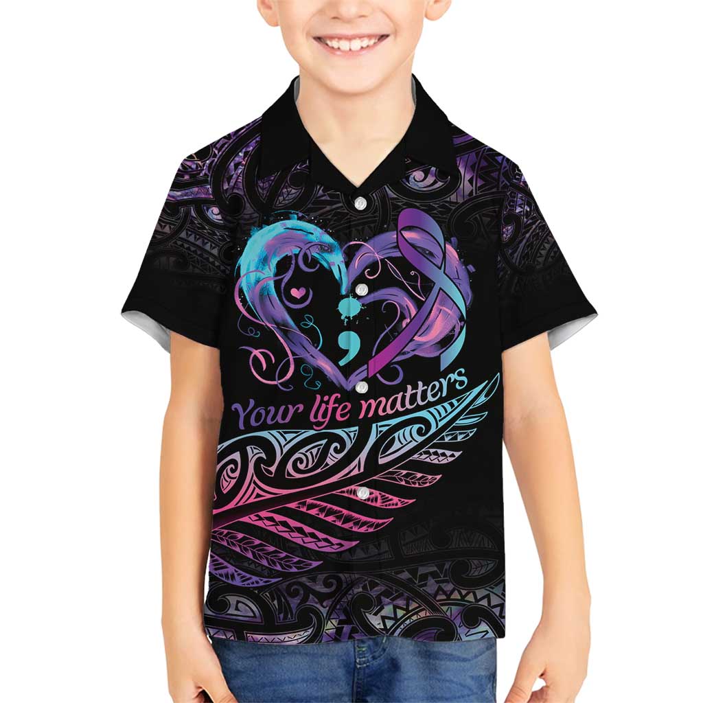 Personalised Your Life Matters Family Matching Tank Maxi Dress and Hawaiian Shirt Suicide Prevention Awareness Semicolon Heart LT9 Son's Shirt Black - Polynesian Pride