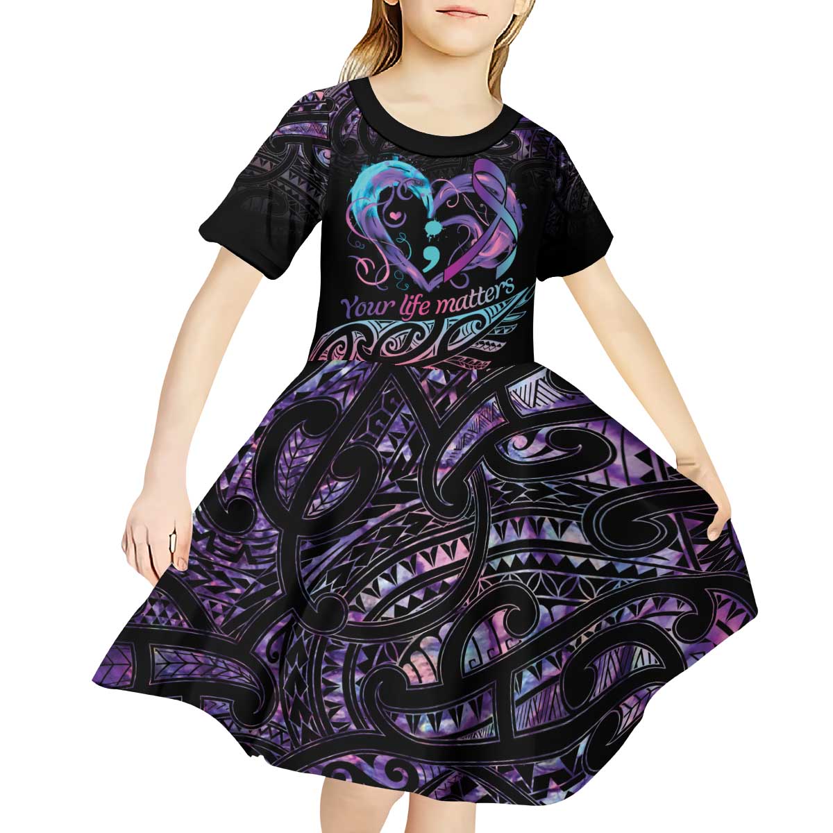 Personalised Your Life Matters Kid Short Sleeve Dress Suicide Prevention Awareness Semicolon Heart