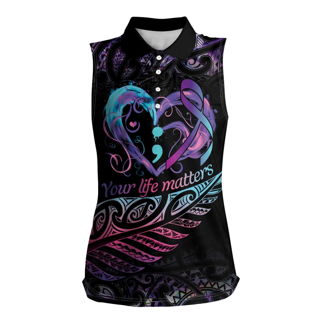 Personalised Your Life Matters Women Sleeveless Polo Shirt Suicide Prevention Awareness Semicolon Heart LT9 Female Black - Polynesian Pride
