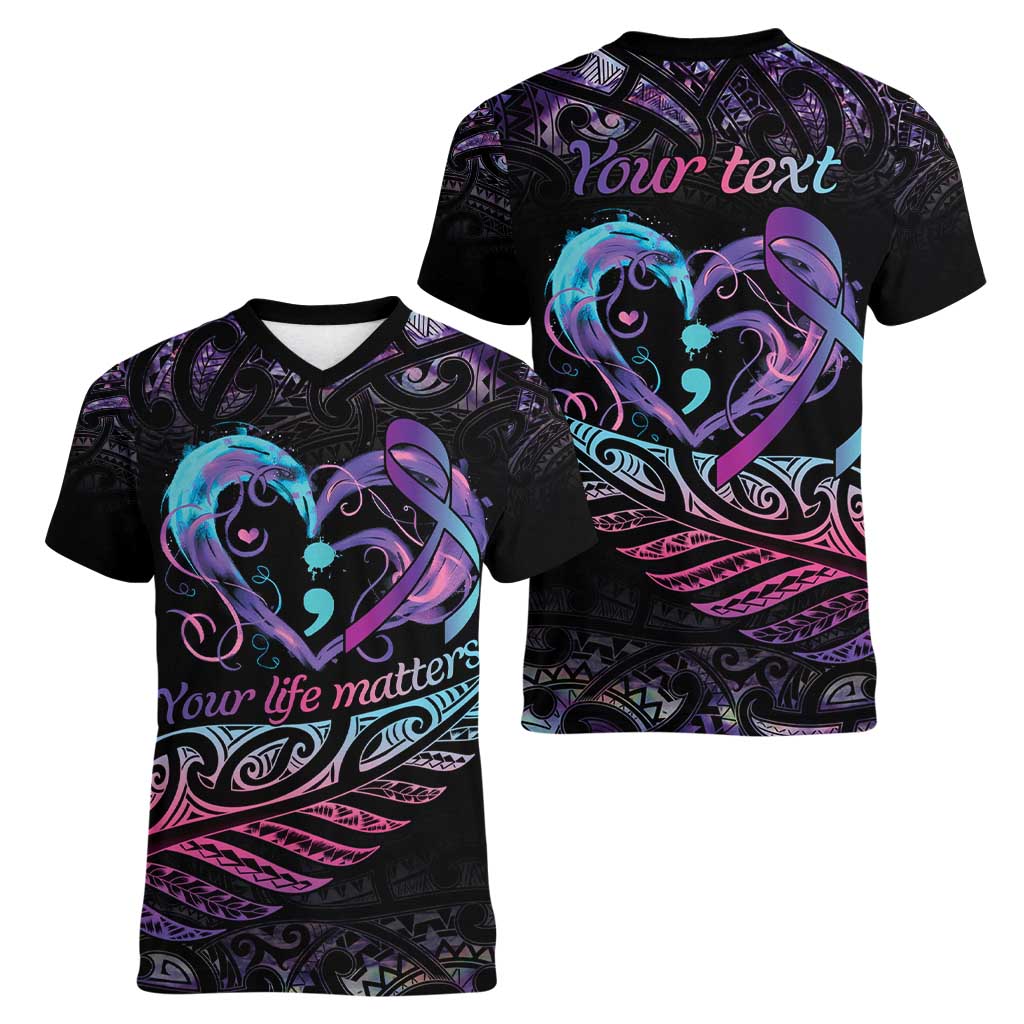 Personalised Your Life Matters Women V-Neck T-Shirt Suicide Prevention Awareness Semicolon Heart LT9 - Polynesian Pride