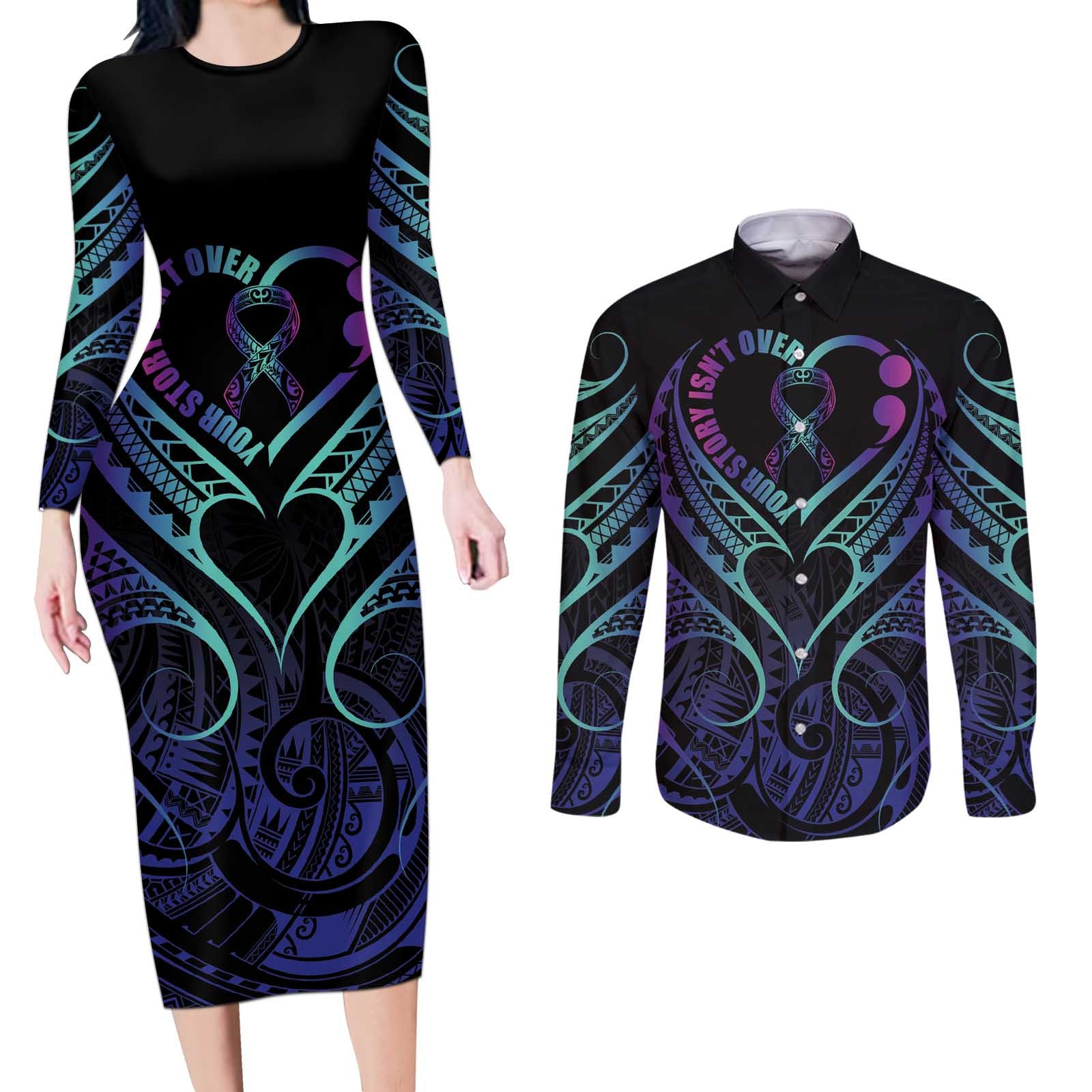 Personalised Your Story Isn't Over Couples Matching Long Sleeve Bodycon Dress and Long Sleeve Button Shirt Suicide Prevention Awareness Semicolon Heart LT9 Black - Polynesian Pride