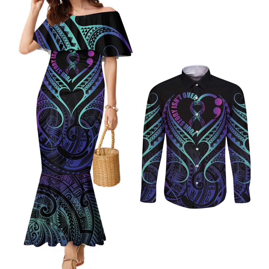 Personalised Your Story Isn't Over Couples Matching Mermaid Dress and Long Sleeve Button Shirt Suicide Prevention Awareness Semicolon Heart LT9 Black - Polynesian Pride