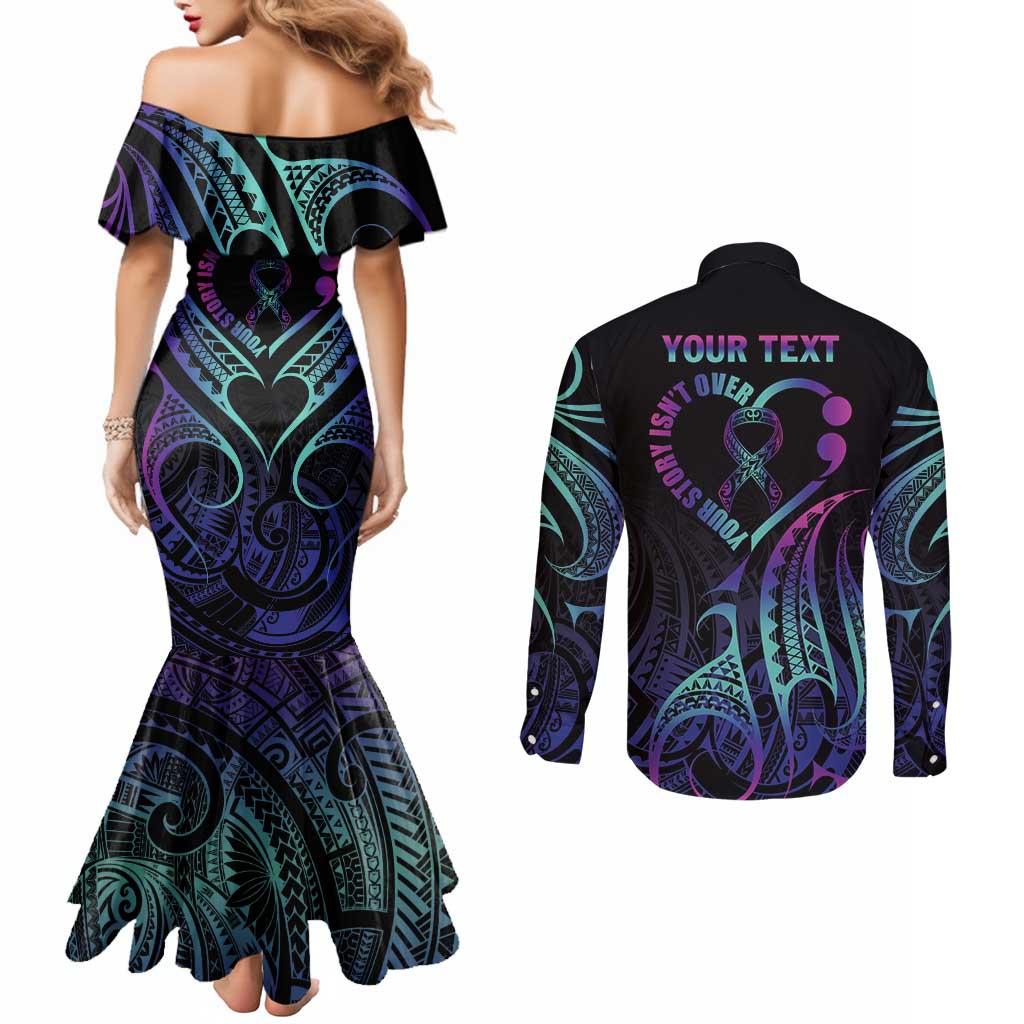 Personalised Your Story Isn't Over Couples Matching Mermaid Dress and Long Sleeve Button Shirt Suicide Prevention Awareness Semicolon Heart LT9 - Polynesian Pride
