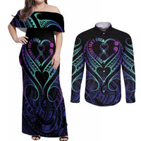 Personalised Your Story Isn't Over Couples Matching Off Shoulder Maxi Dress and Long Sleeve Button Shirt Suicide Prevention Awareness Semicolon Heart LT9 Black - Polynesian Pride