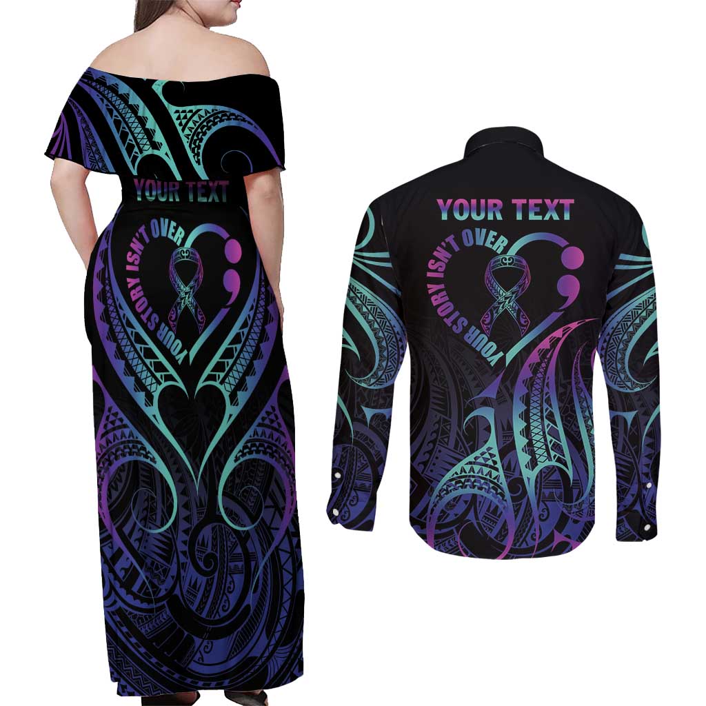 Personalised Your Story Isn't Over Couples Matching Off Shoulder Maxi Dress and Long Sleeve Button Shirt Suicide Prevention Awareness Semicolon Heart LT9 - Polynesian Pride