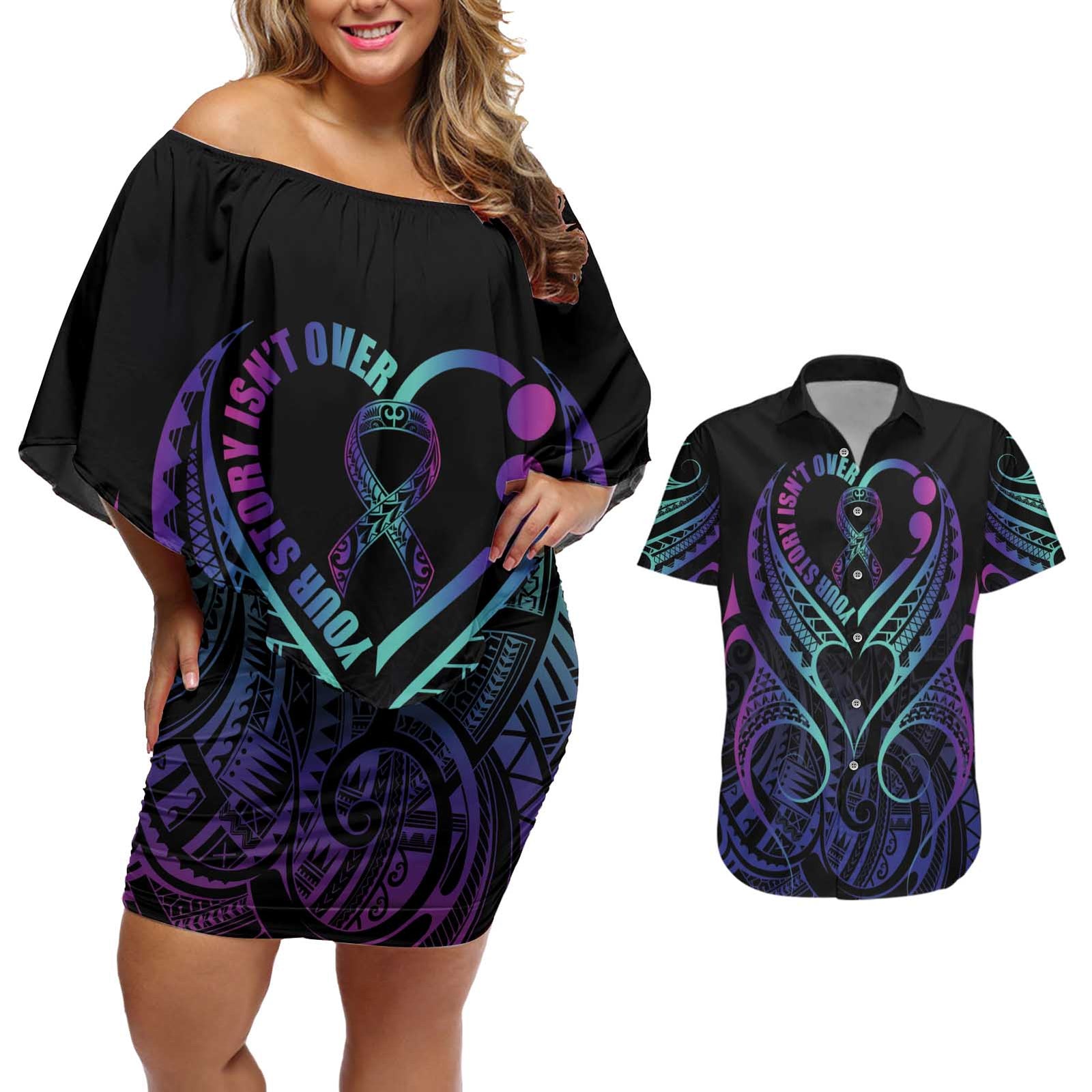 Personalised Your Story Isn't Over Couples Matching Off Shoulder Short Dress and Hawaiian Shirt Suicide Prevention Awareness Semicolon Heart LT9 Black - Polynesian Pride