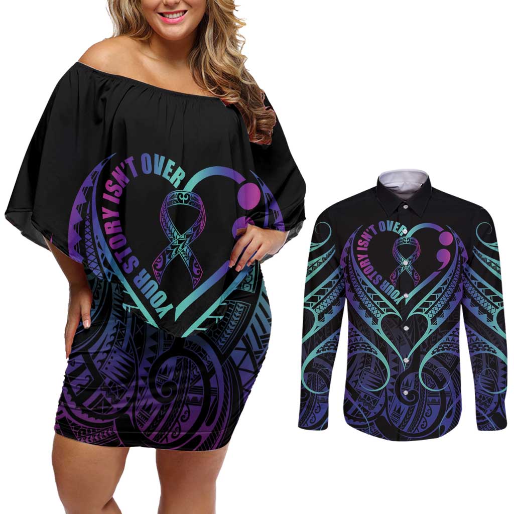 Personalised Your Story Isn't Over Couples Matching Off Shoulder Short Dress and Long Sleeve Button Shirt Suicide Prevention Awareness Semicolon Heart LT9 Black - Polynesian Pride