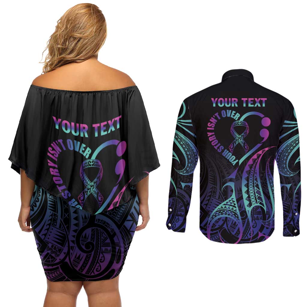 Personalised Your Story Isn't Over Couples Matching Off Shoulder Short Dress and Long Sleeve Button Shirt Suicide Prevention Awareness Semicolon Heart LT9 - Polynesian Pride