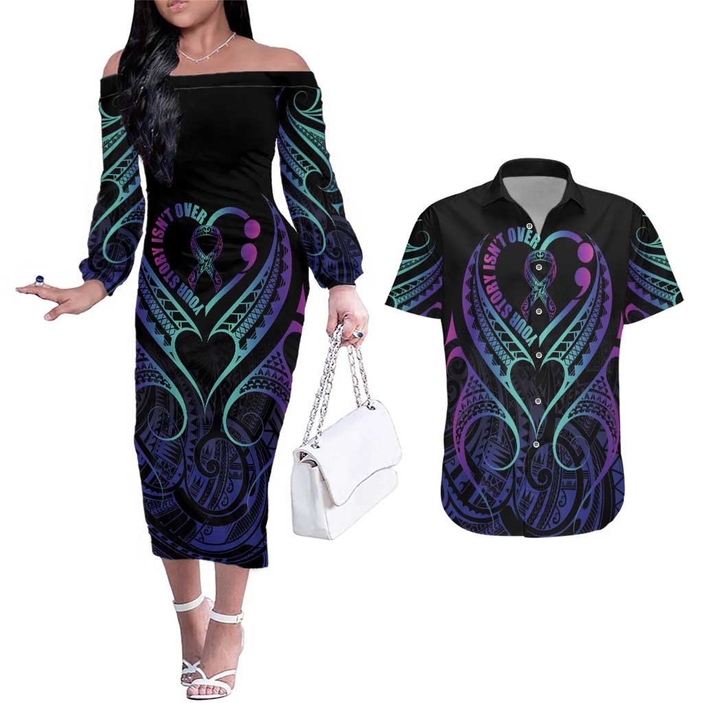 Personalised Your Story Isn't Over Couples Matching Off The Shoulder Long Sleeve Dress and Hawaiian Shirt Suicide Prevention Awareness Semicolon Heart LT9 Black - Polynesian Pride