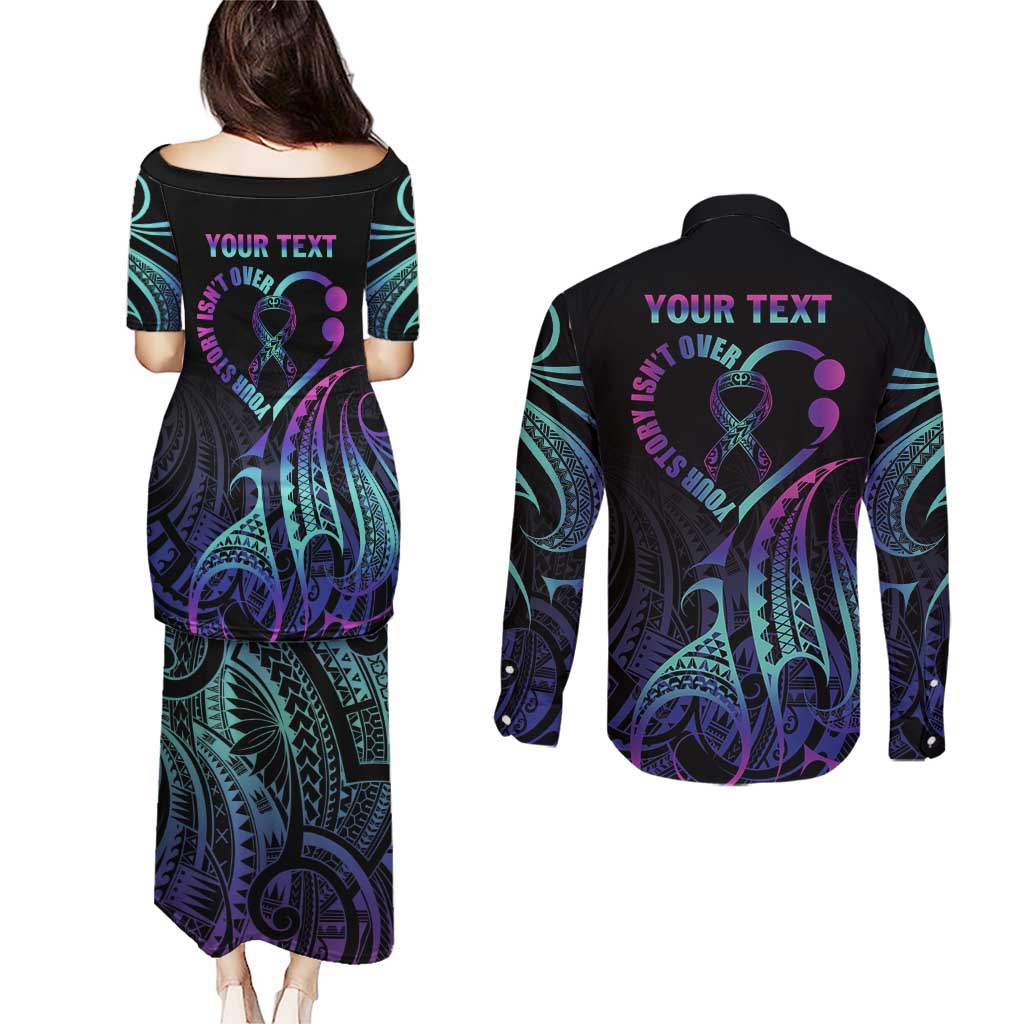Personalised Your Story Isn't Over Couples Matching Puletasi and Long Sleeve Button Shirt Suicide Prevention Awareness Semicolon Heart LT9 - Polynesian Pride