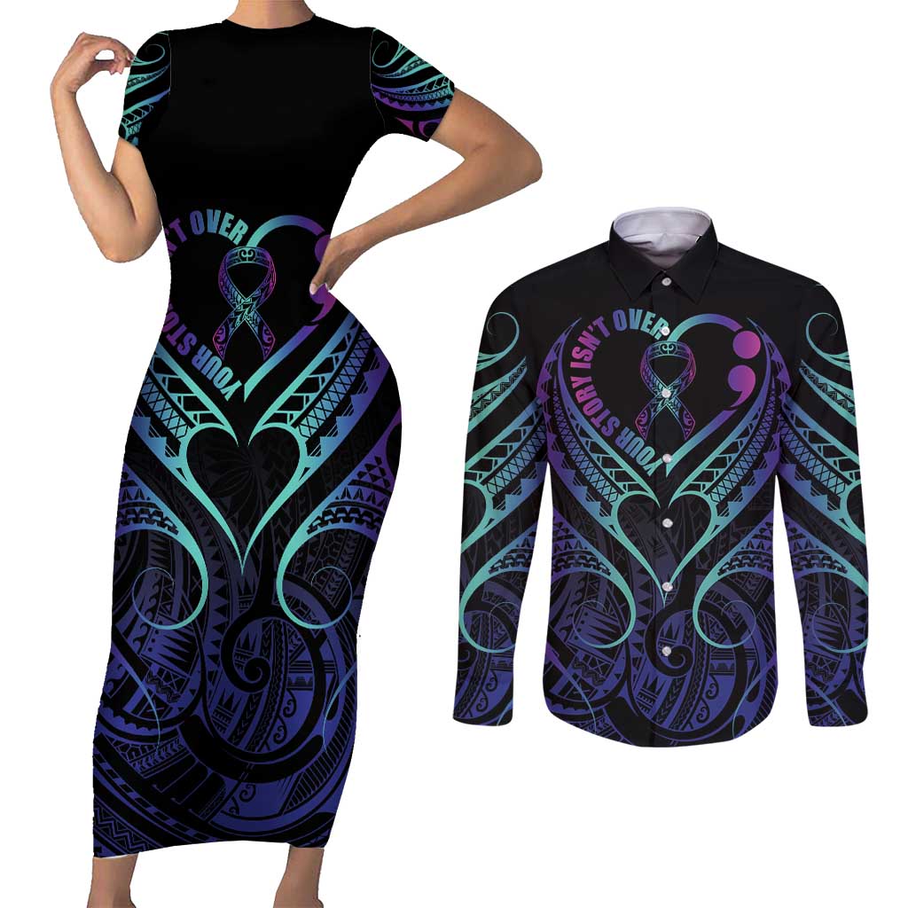 Personalised Your Story Isn't Over Couples Matching Short Sleeve Bodycon Dress and Long Sleeve Button Shirt Suicide Prevention Awareness Semicolon Heart LT9 Black - Polynesian Pride