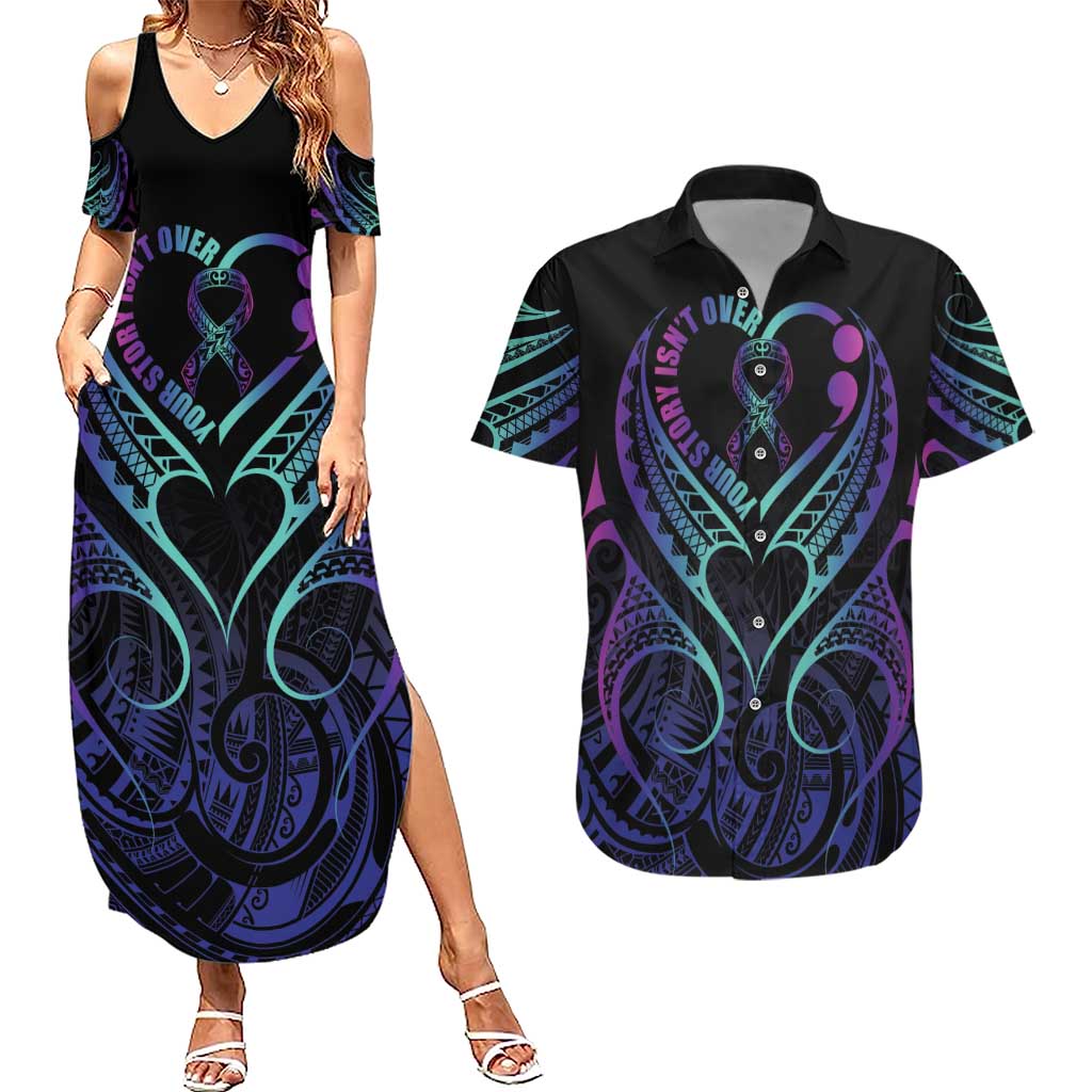 Personalised Your Story Isn't Over Couples Matching Summer Maxi Dress and Hawaiian Shirt Suicide Prevention Awareness Semicolon Heart LT9 Black - Polynesian Pride