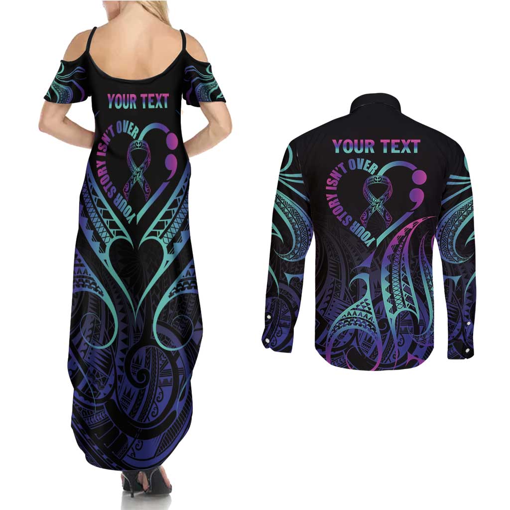 Personalised Your Story Isn't Over Couples Matching Summer Maxi Dress and Long Sleeve Button Shirt Suicide Prevention Awareness Semicolon Heart LT9 - Polynesian Pride