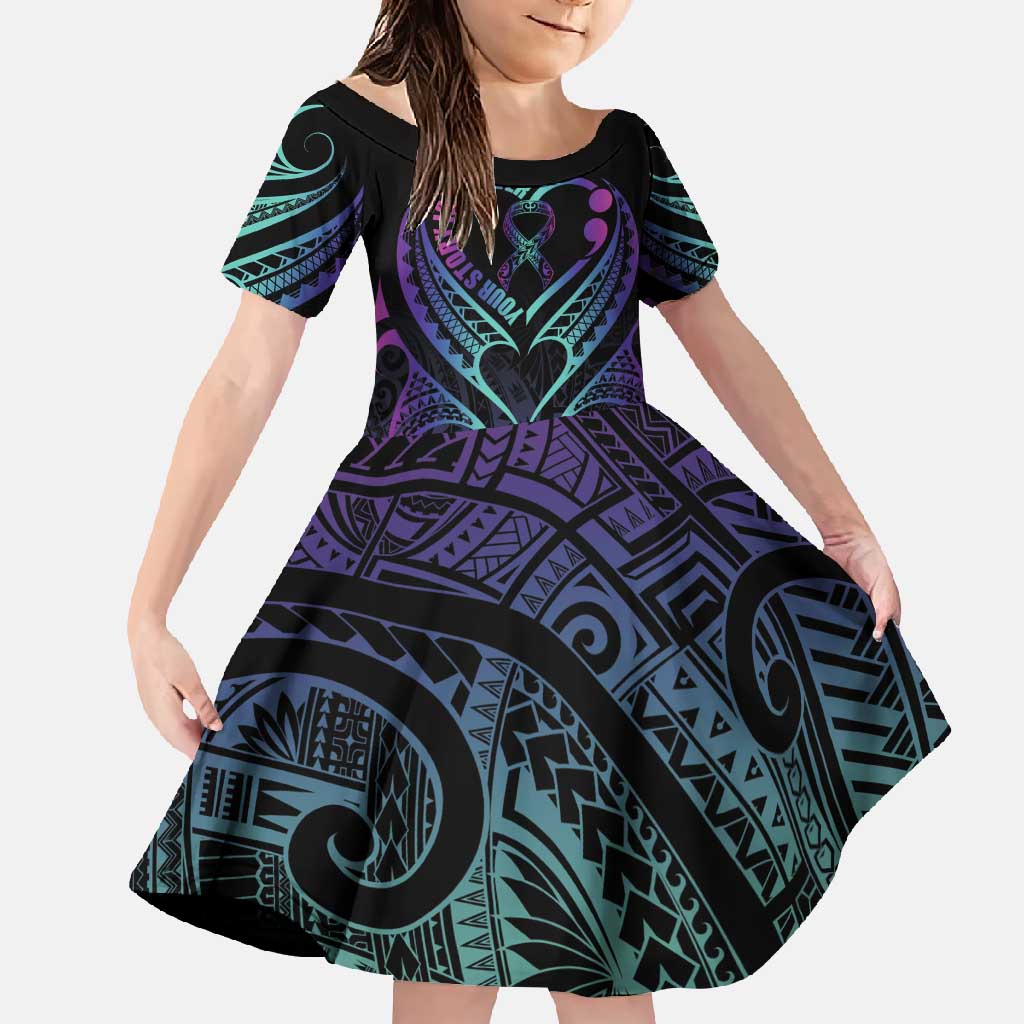 Personalised Your Story Isn't Over Family Matching Long Sleeve Bodycon Dress and Hawaiian Shirt Suicide Prevention Awareness Semicolon Heart LT9 Daughter's Dress Black - Polynesian Pride
