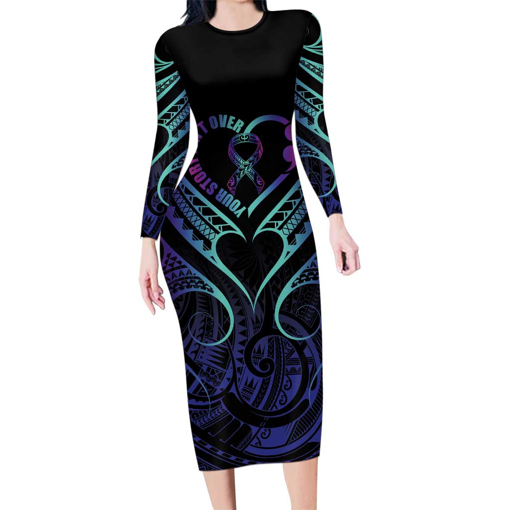Personalised Your Story Isn't Over Family Matching Long Sleeve Bodycon Dress and Hawaiian Shirt Suicide Prevention Awareness Semicolon Heart LT9 Mom's Dress Black - Polynesian Pride