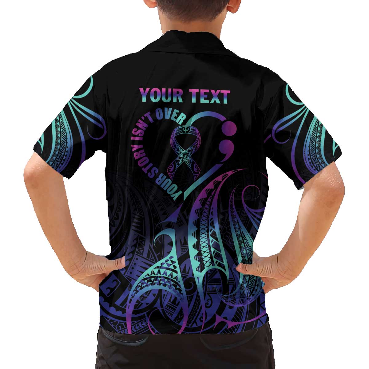 Personalised Your Story Isn't Over Family Matching Off The Shoulder Long Sleeve Dress and Hawaiian Shirt Suicide Prevention Awareness Semicolon Heart LT9 - Polynesian Pride