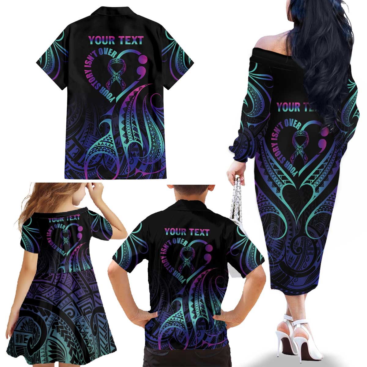 Personalised Your Story Isn't Over Family Matching Off The Shoulder Long Sleeve Dress and Hawaiian Shirt Suicide Prevention Awareness Semicolon Heart LT9 - Polynesian Pride
