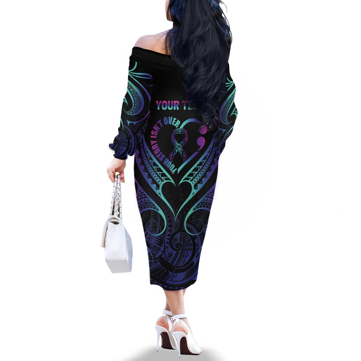 Personalised Your Story Isn't Over Family Matching Off The Shoulder Long Sleeve Dress and Hawaiian Shirt Suicide Prevention Awareness Semicolon Heart LT9 - Polynesian Pride