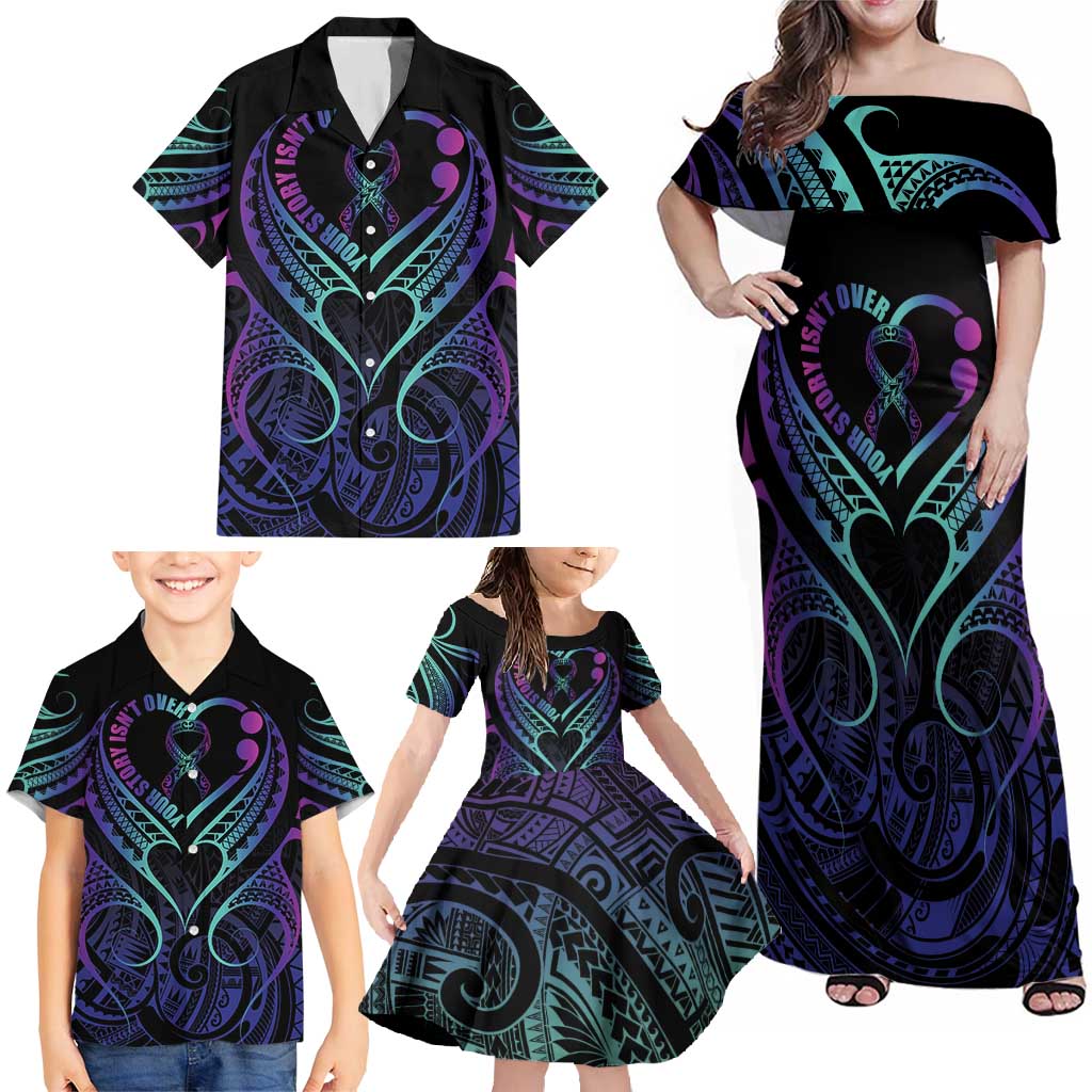 Personalised Your Story Isn't Over Family Matching Off Shoulder Maxi Dress and Hawaiian Shirt Suicide Prevention Awareness Semicolon Heart LT9 - Polynesian Pride