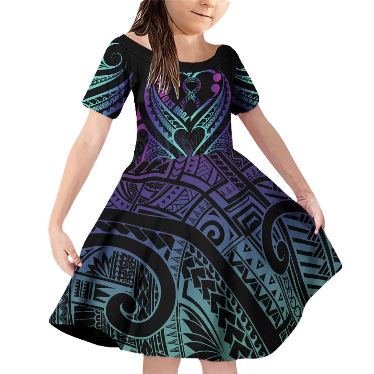 Personalised Your Story Isn't Over Family Matching Off Shoulder Short Dress and Hawaiian Shirt Suicide Prevention Awareness Semicolon Heart LT9 Daughter's Dress Black - Polynesian Pride