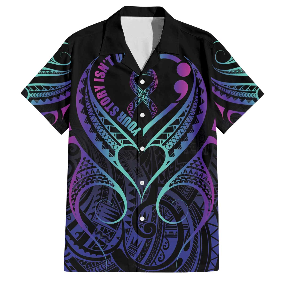 Personalised Your Story Isn't Over Family Matching Off Shoulder Short Dress and Hawaiian Shirt Suicide Prevention Awareness Semicolon Heart LT9 Dad's Shirt - Short Sleeve Black - Polynesian Pride