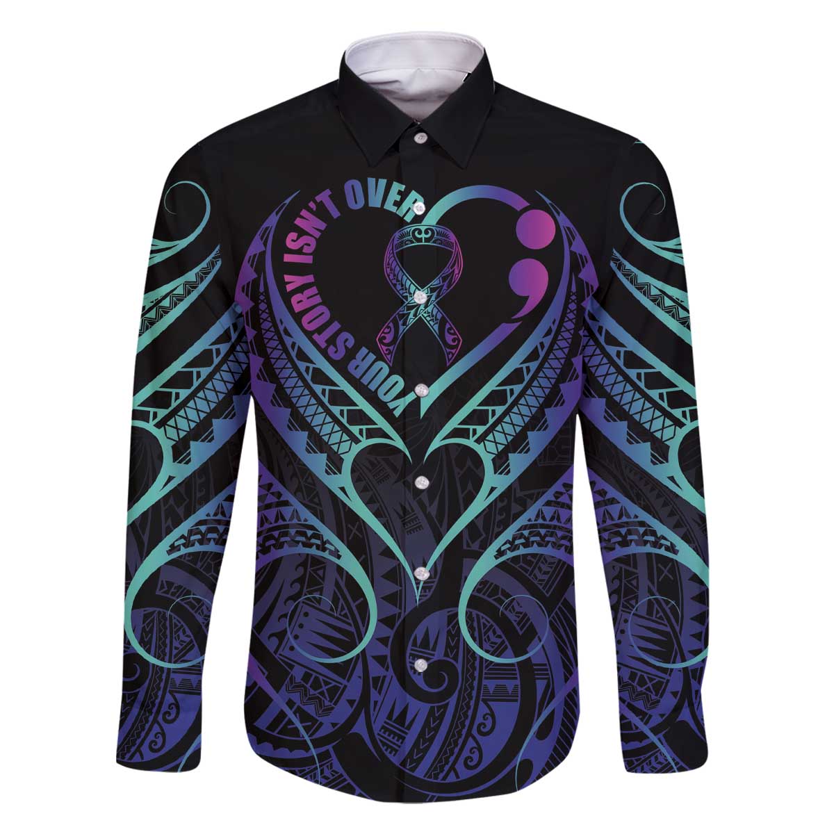 Personalised Your Story Isn't Over Family Matching Off Shoulder Short Dress and Hawaiian Shirt Suicide Prevention Awareness Semicolon Heart LT9 Dad's Shirt - Long Sleeve Black - Polynesian Pride