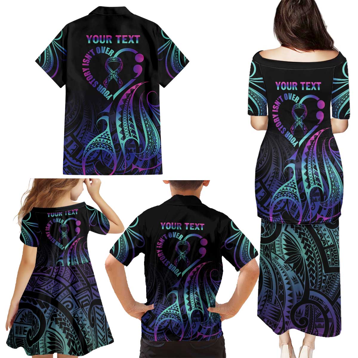 Personalised Your Story Isn't Over Family Matching Puletasi and Hawaiian Shirt Suicide Prevention Awareness Semicolon Heart LT9 - Polynesian Pride