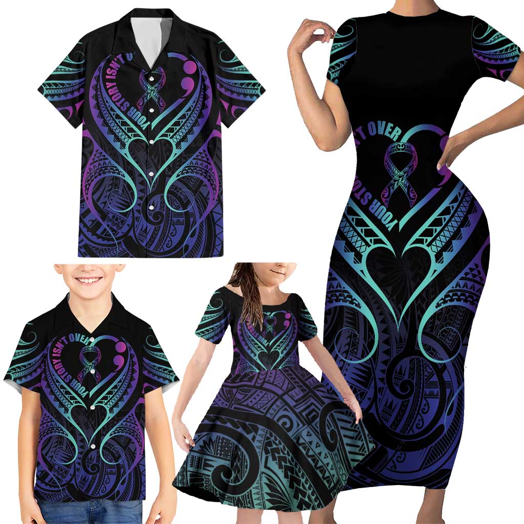Personalised Your Story Isn't Over Family Matching Short Sleeve Bodycon Dress and Hawaiian Shirt Suicide Prevention Awareness Semicolon Heart LT9 - Polynesian Pride