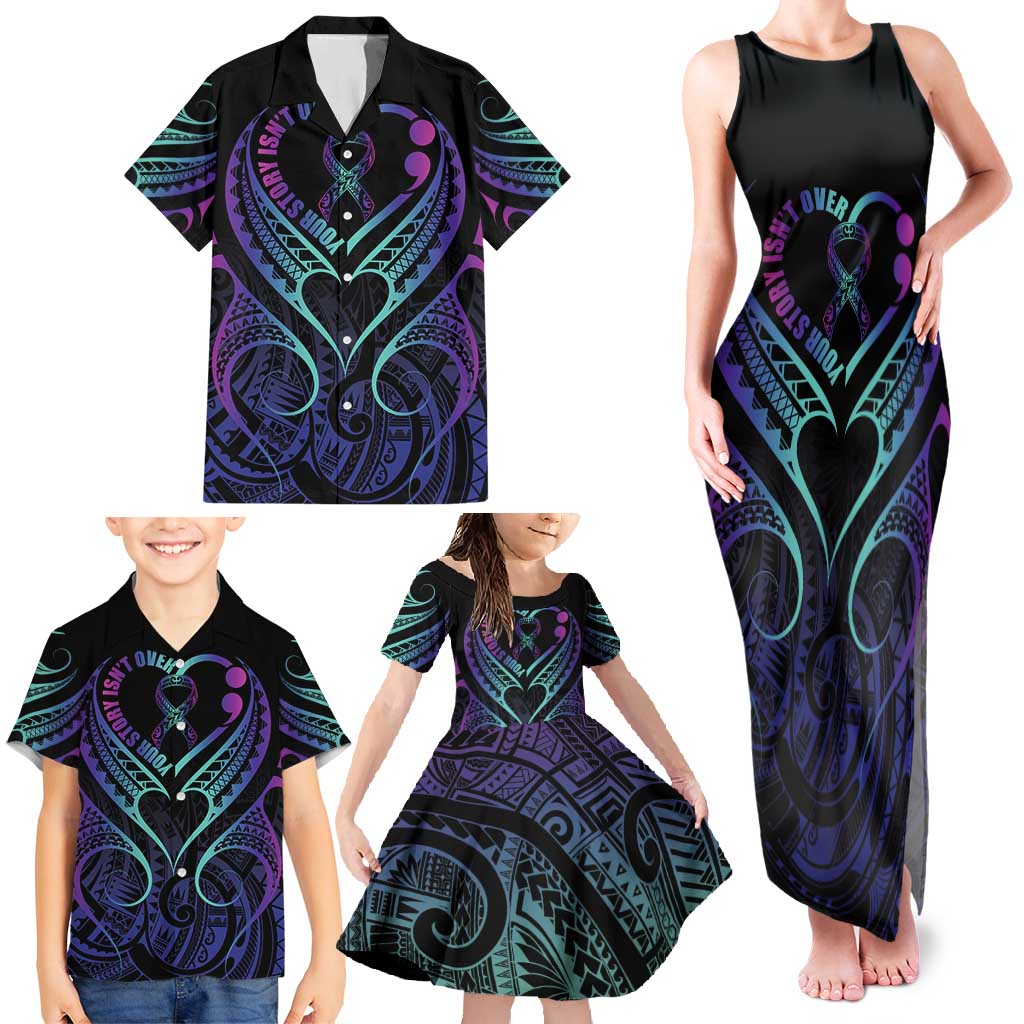 Personalised Your Story Isn't Over Family Matching Tank Maxi Dress and Hawaiian Shirt Suicide Prevention Awareness Semicolon Heart LT9 - Polynesian Pride
