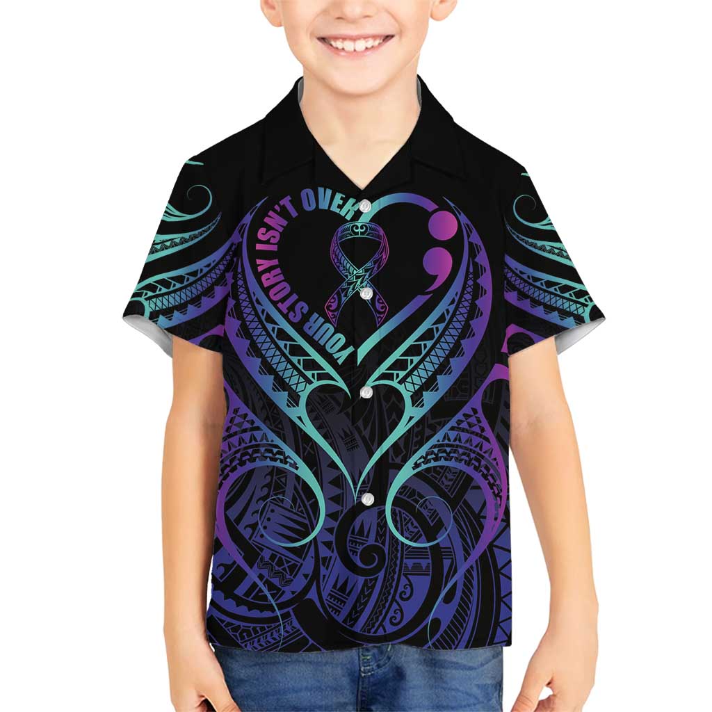 Personalised Your Story Isn't Over Family Matching Tank Maxi Dress and Hawaiian Shirt Suicide Prevention Awareness Semicolon Heart LT9 Son's Shirt Black - Polynesian Pride