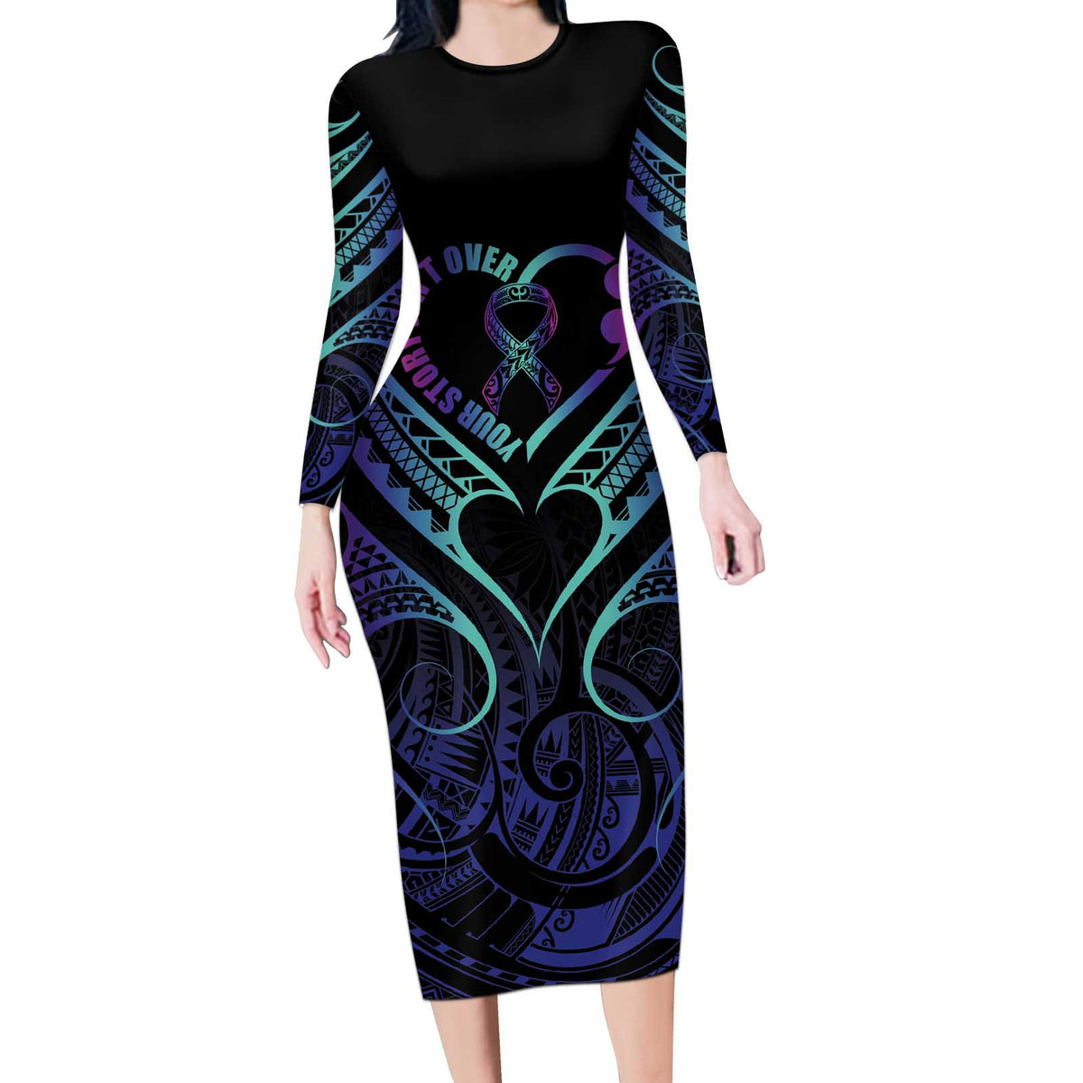 Personalised Your Story Isn't Over Long Sleeve Bodycon Dress Suicide Prevention Awareness Semicolon Heart LT9 Long Dress Black - Polynesian Pride
