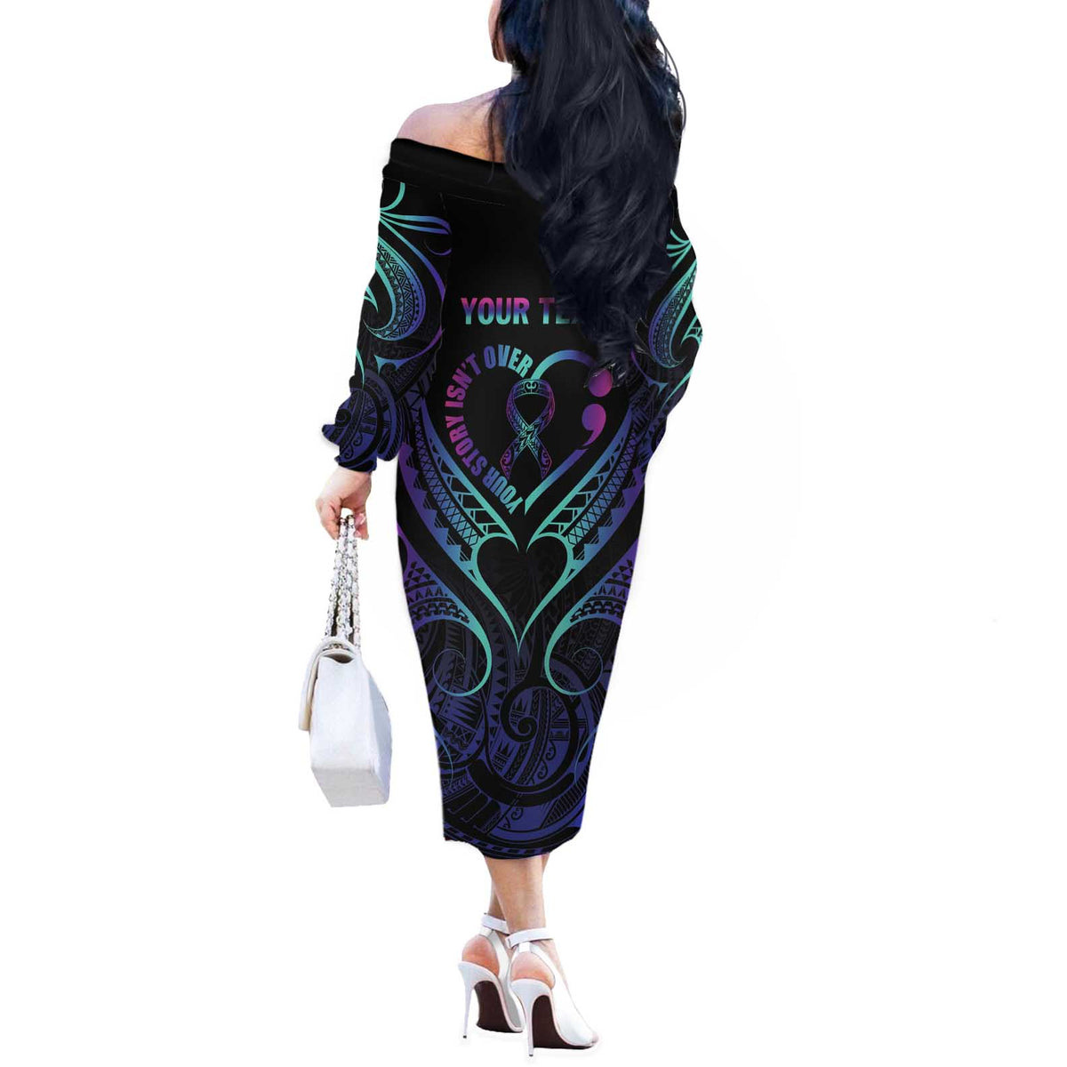 Personalised Your Story Isn't Over Off The Shoulder Long Sleeve Dress Suicide Prevention Awareness Semicolon Heart LT9 - Polynesian Pride