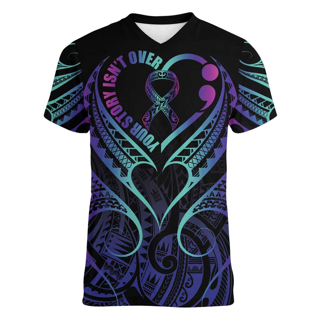 Personalised Your Story Isn't Over Women V-Neck T-Shirt Suicide Prevention Awareness Semicolon Heart LT9 Female Black - Polynesian Pride