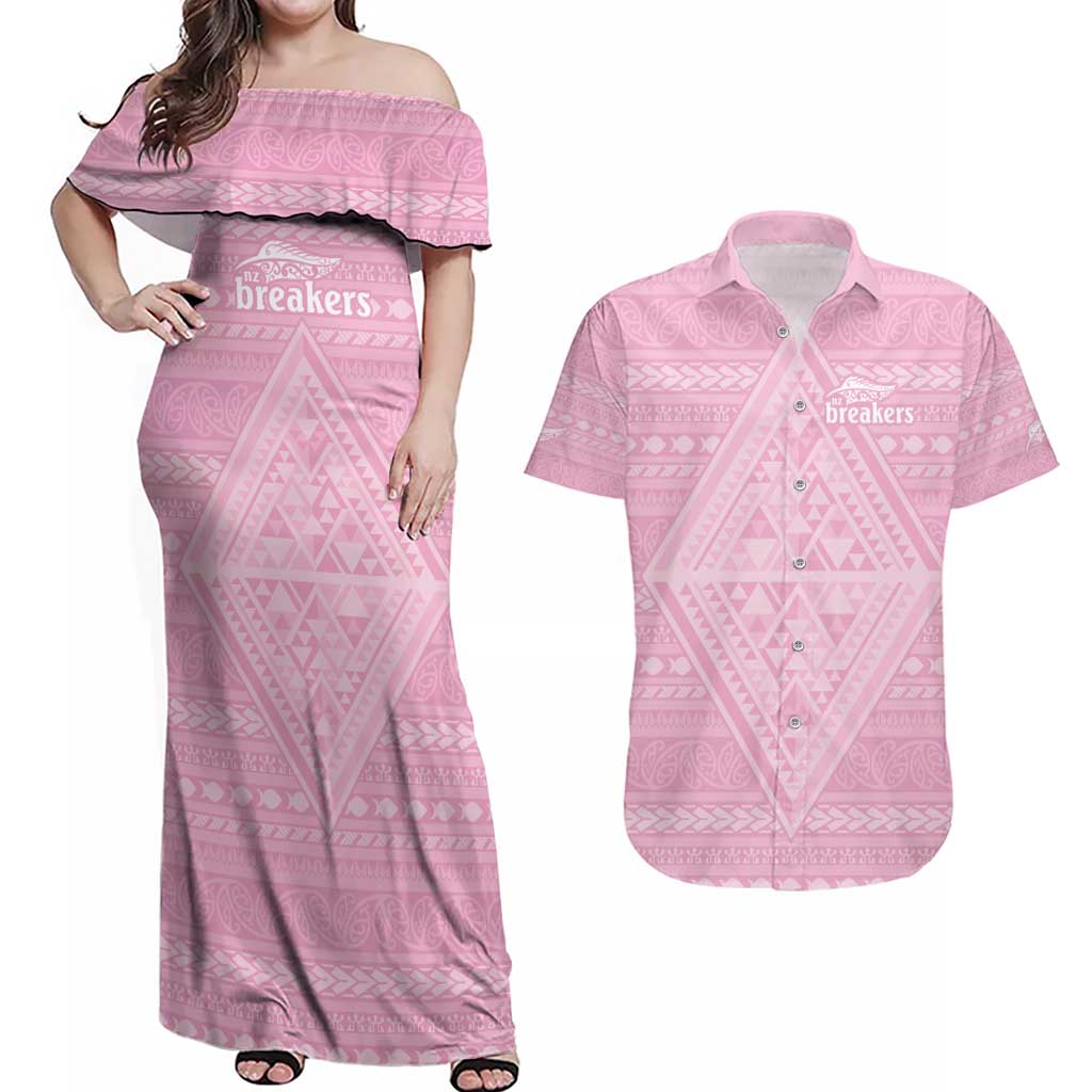 Custom New Zealand Basketball Indigenous Couples Matching Off Shoulder Maxi Dress and Hawaiian Shirt LT9 Pink - Polynesian Pride
