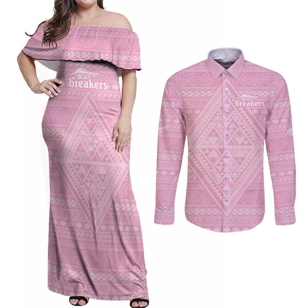 Custom New Zealand Basketball Indigenous Couples Matching Off Shoulder Maxi Dress and Long Sleeve Button Shirt LT9 Pink - Polynesian Pride