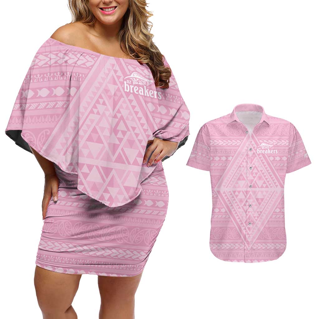 Custom New Zealand Basketball Indigenous Couples Matching Off Shoulder Short Dress and Hawaiian Shirt LT9 Pink - Polynesian Pride