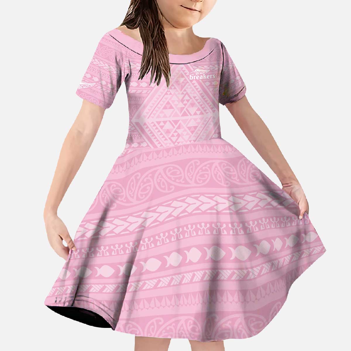 Custom New Zealand Basketball Indigenous Family Matching Off The Shoulder Long Sleeve Dress and Hawaiian Shirt LT9 Daughter's Dress Pink - Polynesian Pride