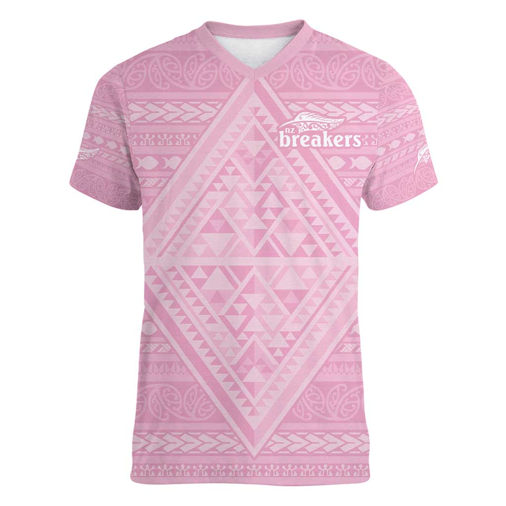 Custom New Zealand Basketball Indigenous Women V-Neck T-Shirt LT9 Female Pink - Polynesian Pride