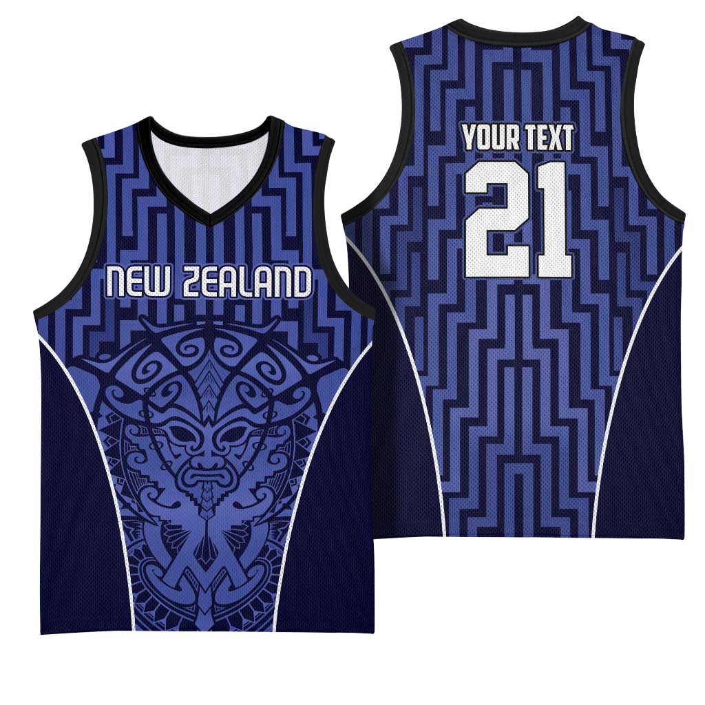 Custom Basketball New Zealand Basketball Jersey Blue Maori Ta Moko Indigenous - Polynesian Pride