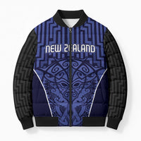 Custom Basketball New Zealand Bomber Puffer Jacket Blue Maori Ta Moko Indigenous - Polynesian Pride