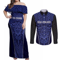 Custom Basketball New Zealand Couples Matching Off Shoulder Maxi Dress and Long Sleeve Button Shirt Blue Maori Ta Moko Indigenous LT9 Blue - Polynesian Pride