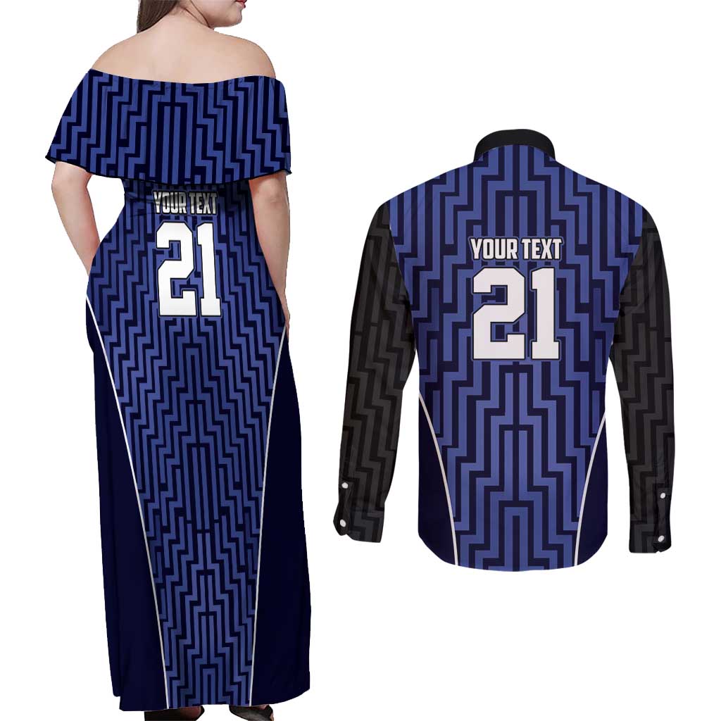Custom Basketball New Zealand Couples Matching Off Shoulder Maxi Dress and Long Sleeve Button Shirt Blue Maori Ta Moko Indigenous LT9 - Polynesian Pride