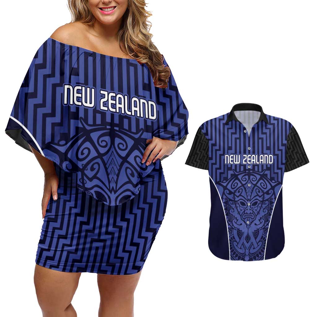 Custom Basketball New Zealand Couples Matching Off Shoulder Short Dress and Hawaiian Shirt Blue Maori Ta Moko Indigenous LT9 Blue - Polynesian Pride