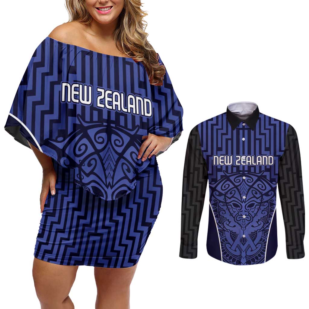 Custom Basketball New Zealand Couples Matching Off Shoulder Short Dress and Long Sleeve Button Shirt Blue Maori Ta Moko Indigenous LT9 Blue - Polynesian Pride