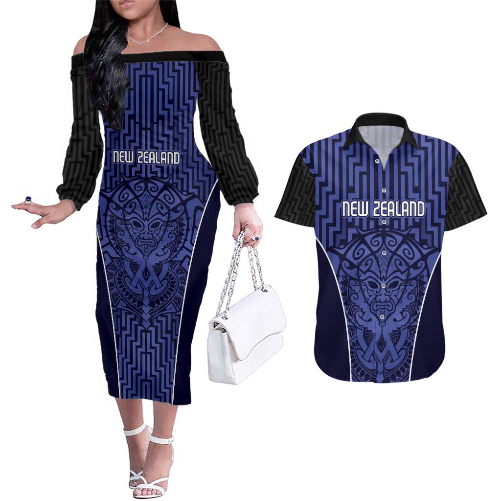 Custom Basketball New Zealand Couples Matching Off The Shoulder Long Sleeve Dress and Hawaiian Shirt Blue Maori Ta Moko Indigenous LT9 Blue - Polynesian Pride